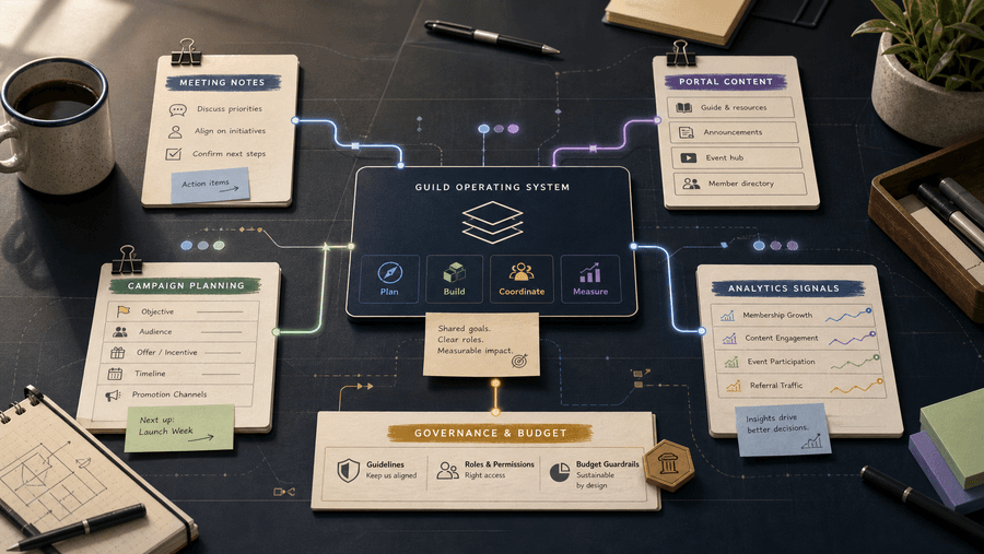 A visual workflow map showing conversations becoming reviewed Portal artifacts, campaign outputs, and measured public signals.