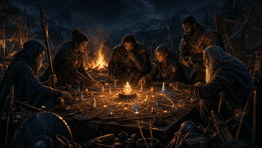 Wizards and warriors gathered around a bonfire-lit strategy table where glowing tokens and connecting lines represent shared state between agent roles.